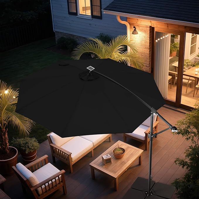 FLAME&SHADE 10ft Solar Cantilever Umbrella with 40 LED Lights, Lighted Large Offset Outdoor Patio Umbrellas, 8 Sturdy Ribs, UPF50+ UV Protection for Pool Deck Garden Yard, Black