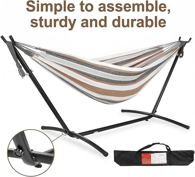 Double Hammock with Stand Included - 2 Person Brazilian Style Portable Hammock Bed - 450 Lbs Capacity Heavy Duty Adjustable Steel Stand for Indoor Outdoor - Weatherproof with Carrying Bag