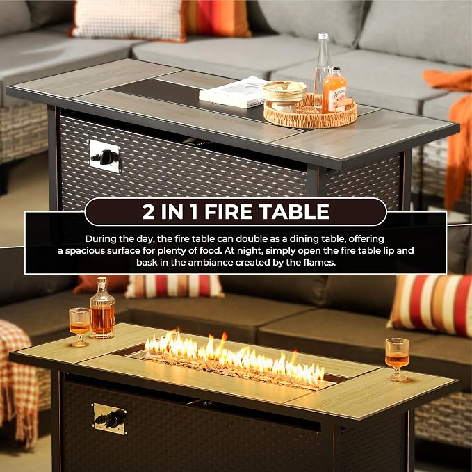 11 Piece Patio Furniture Set Outdoor Sectional with 54" Fire Pit Table, Wicker Swivel Rocking Chairs and L-Shaped Rattan Couch, Modular Conversation Set with Solar Coffee Table for Backyard, Red