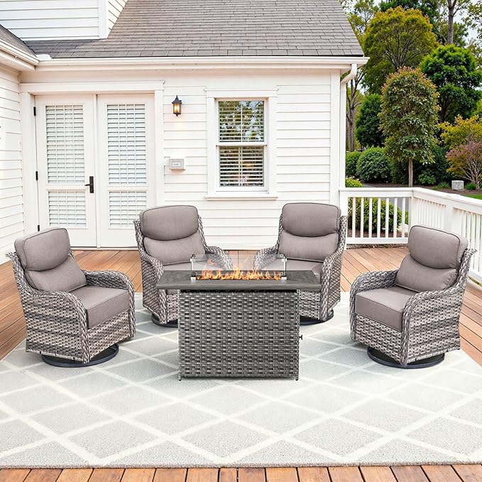 Luxury High Back Patio Furniture Set with Fire Pit Table and 6-Inch Thick Cushions, 5-Pieces Outdoor Furniture w/ 4 Swivel Chairs, Wicker Conversation Set for Porch, Balcony, Deck and Yard, Grey