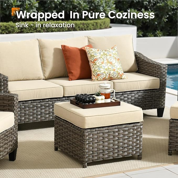 Wicker Patio Furniture Set,7 Pieces Modern Outdoor Conversation Set Sectional Sofa with Cushion and Ottomans for Garden, Poolside, Backyard