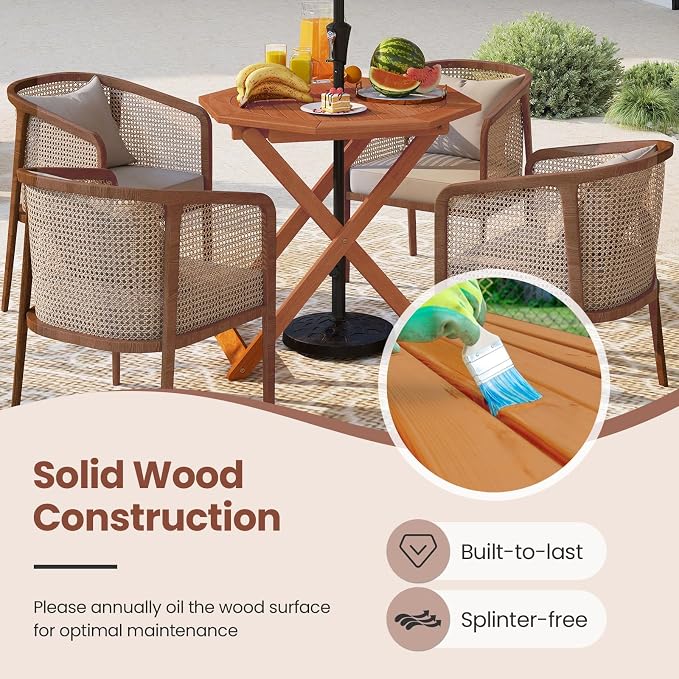 Tangkula 32-Inch Octagon Folding Outdoor Dining Table, Wood Patio Bistro Table with 2" Umbrella Hole and Slatted Tabletop, Outside Table for Garden, Yard, Porch, Teak Oil Finish, No Assembly Required