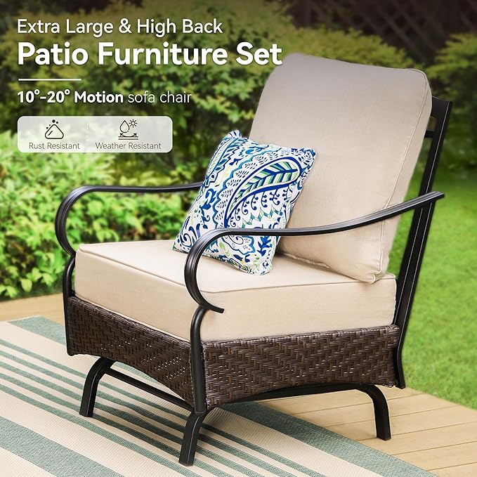 GREEN PARTY Extra Large Outdoor Patio Furniture Set with 56" Fire Pit Table 4 Pieces for 5, Modern Metal Patio Conversation Sets with High Back 3-Seat Sofa, 2 Motion Chairs, 1 Fire Pit Table