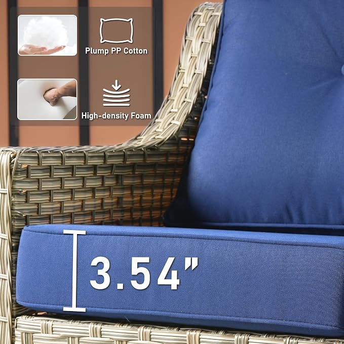 HOOOWOOO Patio Couch,Outdoor Wicker 3 Seater Sofa,All Weather Resistant High Back Rattan Deck Matching Furniture(Navy Blue)