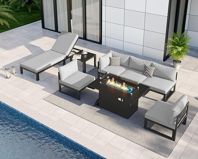 NICESOUL 8 Piece Large Contemporary Aluminum Outdoor Furniture Set with Chaise Lounge & Fire Pit Table, 29" Deep Couch Set, 500 lbs High Weight Capacity Patio Sectional Sofa for Poolside, Light Gray