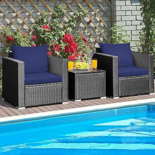 HAPPYGRILL 3-Piece Patio Furniture Set Rattan Wicker Patio Conversation Set with Coffee Table and Cushions Outdoor Sofa Set for Garden Balcony Porch Poolside