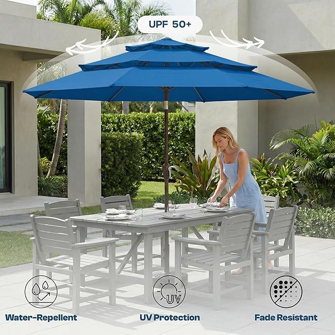 10ft Patio Umbrella, 3 Tier Outdoor Market Table Umbrellas with 8 Fiberglass Ribs and Push Button Tilt, Windproof, Vented Canopy, UV Protection for Deck, Pool, Backyard