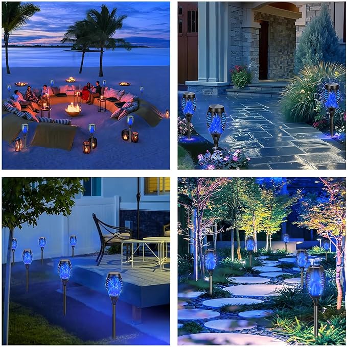 Solar Torch Light with Flickering Flame,4Pack Solar Lights Outdoor,Waterproof Solar Powered Yard Garden Lights,Solar Flame Light,Torches Lighting for Outside Patio Lawn Path Decorations (Blue)
