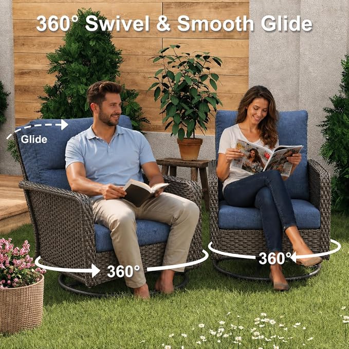 Brafab 9 Seats Outdoor Patio Furniture Set with Fire Pit Table, High Back Swivel Chairs Conversation Sets with Ergonomic Backrest, Wicker Sectional Sofa with Gilder Chair for Yard Garden Porch, Blue