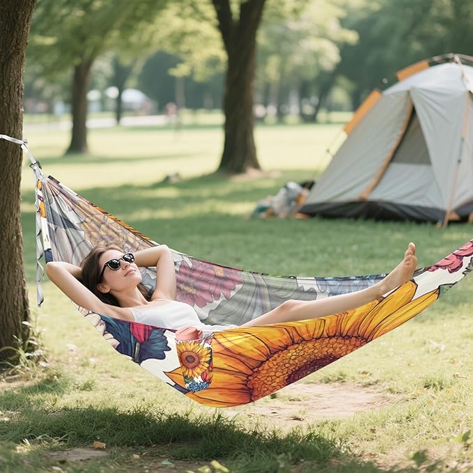 Florals Sunflower Zinnia Hyacinth Outdoor Hammock with Hanging Ropree Hammock for Outside Patio Garden