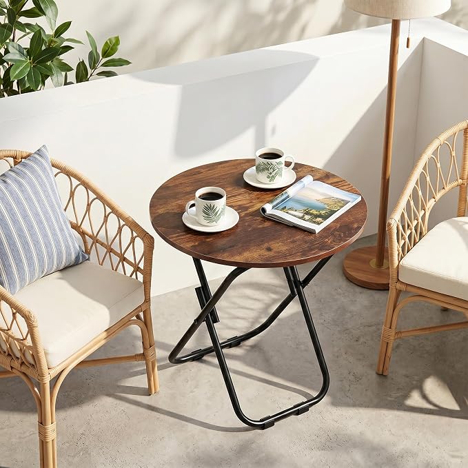 VECELO Patio Outdoor Side Table,17.7 inch Small Folding Table Round Waterproof Wood Table, Foldable Anti-Rust Metal Legs Snack Desk for Garden Balcony,Yard,Living Room