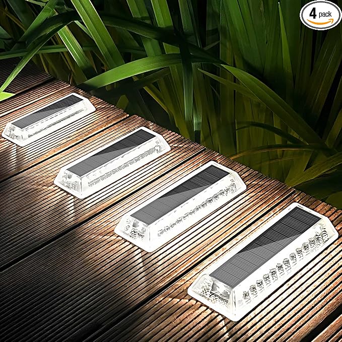 Lacasa Solar Deck Lights, Solar Lights Outdoor Waterproof IP68, 4 Pack Solar Powered Pathway Yard Driveway Step Landscape Light, LED Lighting 50LM for Garden Path Walkway Stair Patio, Cool White 6000K
