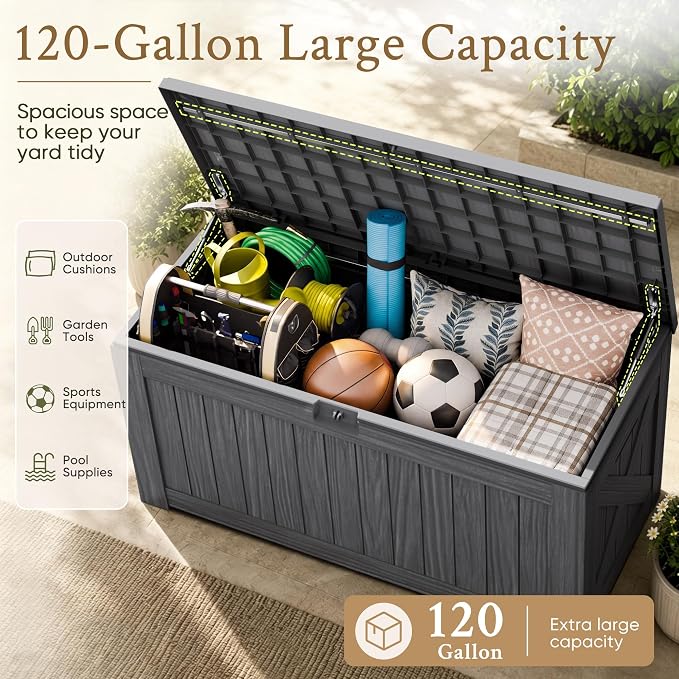 Devoko 120 Gallon Deck Box Resin Outdoor Storage Box Waterproof for Patio, Large Outdoor Storage Bench Lockable for Outside (Grey)