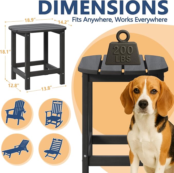 Outdoor Adirondack Side Table for Patio Porch Pool, 18" HDPE Weather Resistant End Table for Backyard and Indoor Use, Easy Maintenance & Indoor Outdoor Durable Construction(Gray)