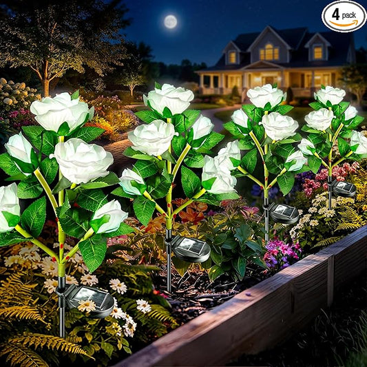Anordsem Solar Garden Lights Outdoor: 20 Artificial Fabric White Roses Flowers 4 Pack- LED Flower Decorations for Cemetery Grave Pathway Yard- Valentine's Day Gifts for Women, Wife and Mother