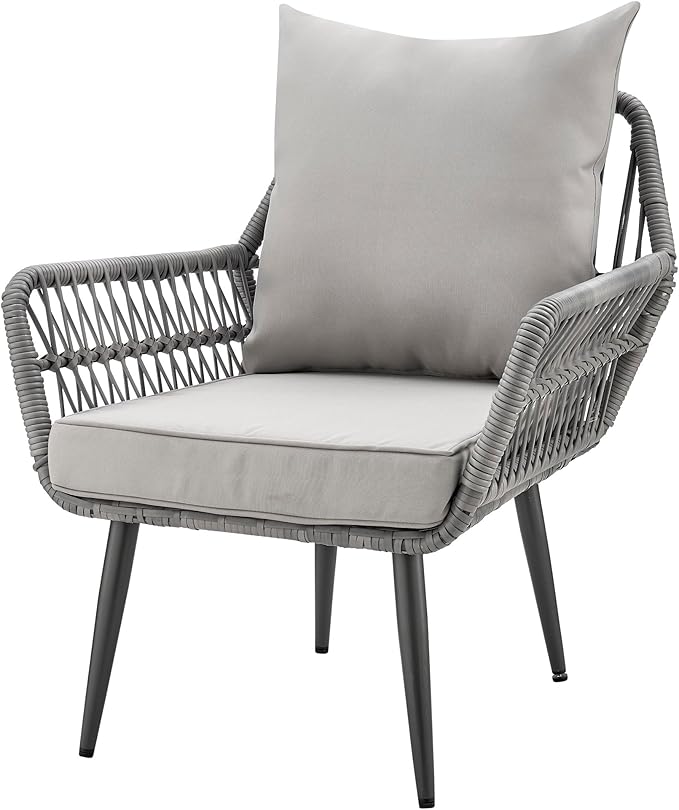 Manhattan Comfort Portofino 4-Piece Patio Conversation Set, Rope Wicker Design with Waterproof Cushions | Outdoor Furniture Includes 2 Armchairs, Loveseat & Coffee Table with Tempered Glass Top, Grey