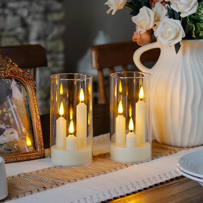 3 in 1 Flameless Taper Short Candles with 10 Key Remote Control and Timer, Battery Operated Pack of 2 LED Acrylic 3" x6" White Pillar Flickering Warm Light