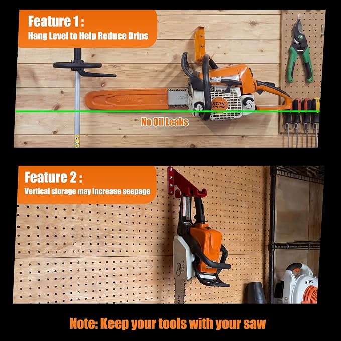 Chainsaw Hanger Holder – 304 Stainless Steel Wall Mount Bracket, Heavy Gauge, Powder-Coated Orange, Fits Stihl 009 011 200T 201T 024 026 360 362 044 660 661, Poulan, Poulan Pro, Husqvarna