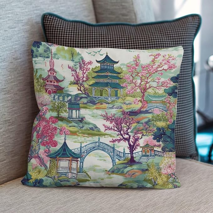 Chinoiserie Pagoda White Coral Blue Asian Pillow Cover Chinoiserie Chic Asian Pillows 20x20 INRetro Accent Throw Pillow Covers Farmhouse Decorative for Patio Funiture Garden