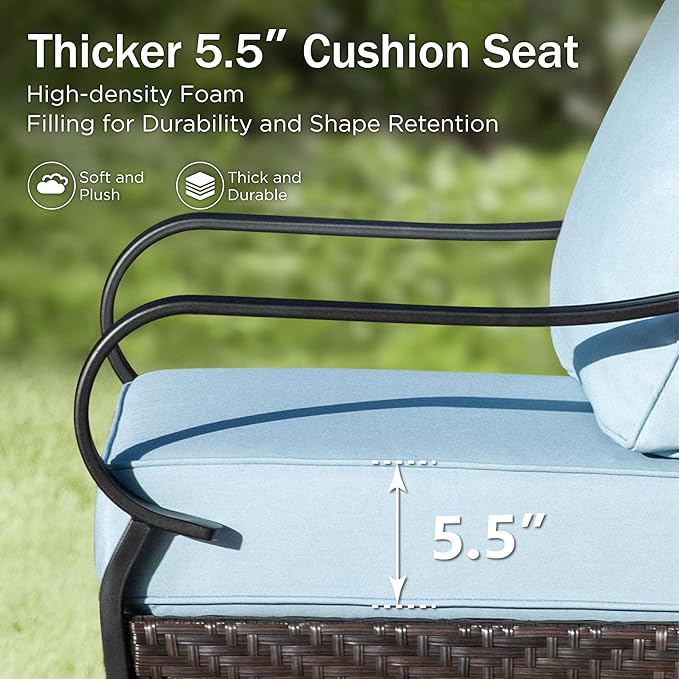 PHI VILLA Outdoor Modern Patio Furniture Set, Upgraded Wicker & Metal Patio Conversation Set with Waterproof Thick Cushions for Porch, Poolside, Yard (5 Pieces,Blue)