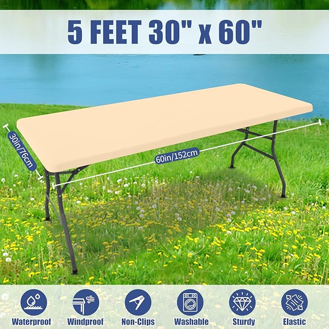 Moosfor Spandex 5 Foot Rectangle Table Cloth 2 Pack, Elastic Fitted Tablecloths for Picnic, Stretch Washable Patio Table Cover for Outdoor, Camping, Banquet and Parties(Ivory, 30"x60")