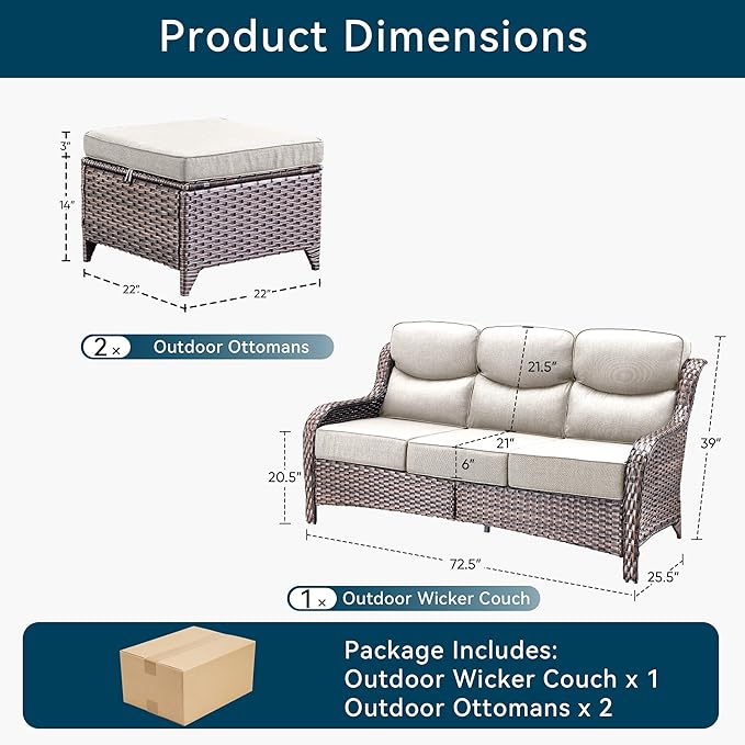 Luxury 3 Pieces Patio Furniture Sets-All Weather Wicker Rattan 3-Seat Sofa Set with Comfy 6" Cushion, Multifunctional Ottomans Patio Conversation Set for Deck Backyard Garden(Brown/Beige)