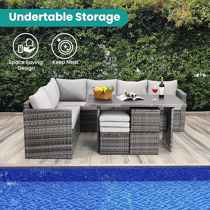 7-Piece Outdoor Patio Furniture Set with Dining Table, Chairs, and Ottoman, Brown Wicker Rattan Conversation Set with Ivory Cushions, All-Weather Patio Furniture for Garden, Porch, Backyard Lounging(B