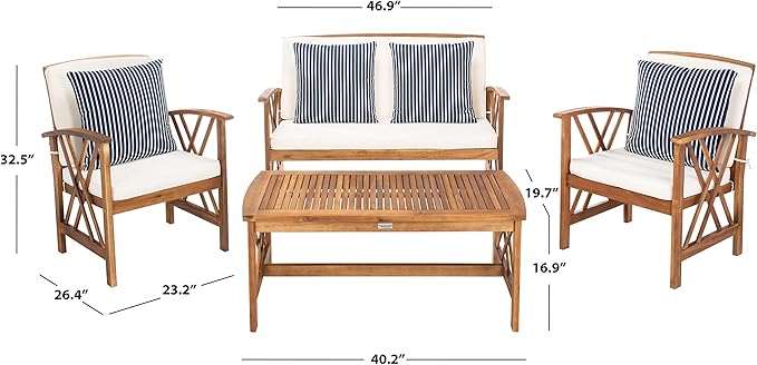 SAFAVIEH Outdoor Collection Fontana Natural/ Beige Cushions/ Thin Stripe Pillows 4-Piece Conversation Patio Set