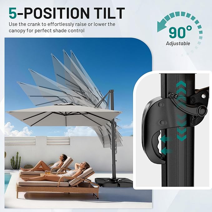 AreShark 9 X 9 FT Cantilever Patio Umbrella, 360-Degree Rotation Square Hanging Offset Umbrella with Crank, Heavy Duty Patio Umbrella for Patio, Pool, Garden, Deck, Light Grey