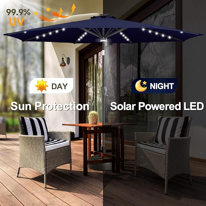 FLAME&SHADE 9 FT outdoor umbrella with 40LED lights, solar light patio umbrella with Centre Surround Light, Table Market Umbrella Outdoor Patiofor Deck, Pool, Backyard, Garden (Navy Blue)