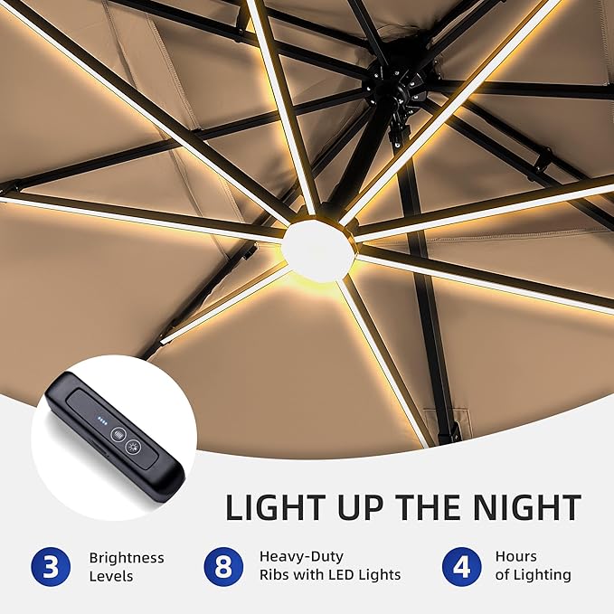 9 X 12 FT Cantilever Outdoor Patio Umbrella with Led Lights Heavy Duty Windproof Double Top Large Rectangle Offset Umbrellas with 360-degree Rotation for Garden Pool Deck Backyard, Beige