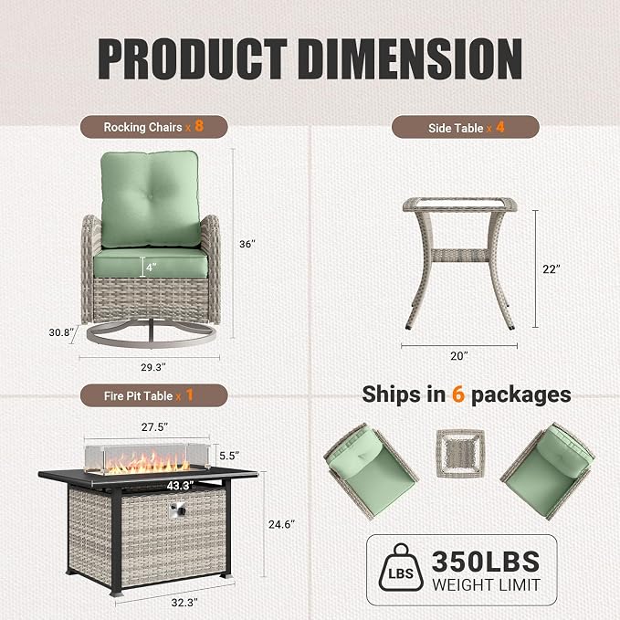 13Pcs Patio Rocking Swivel Chair with 55,000 BTU Fire Pit Table Outdoor Wicker Rattan Bistro Set with Tempered Glass Side Table, Patio Furniture Set for Garden and Balcony, Light Green