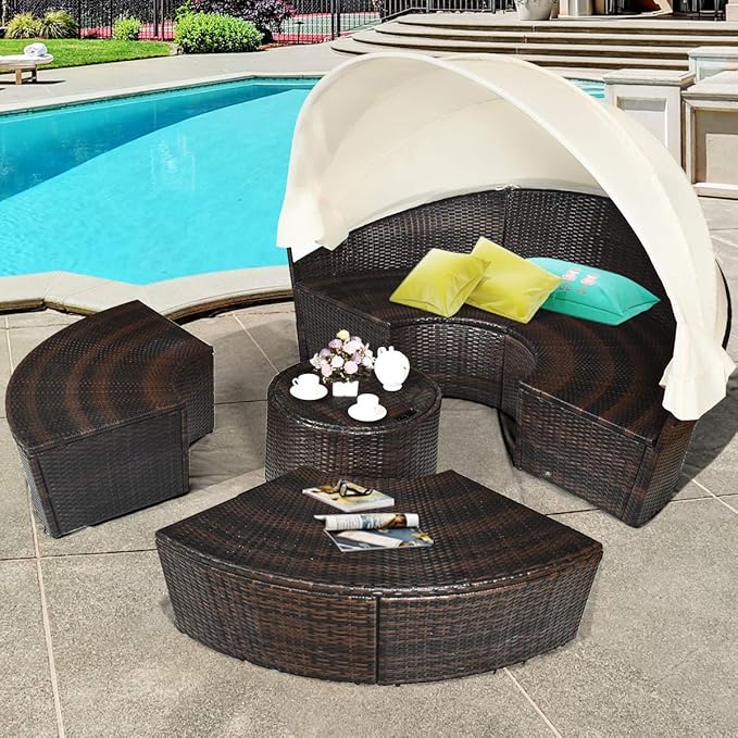 Tangkula Patio Round Daybed with Retractable Canopy, Outdoor Wicker Rattan Furniture Sets, Sectional Sofa Set w/Height Adjustable Coffee Table, Rattan Conversation Sets