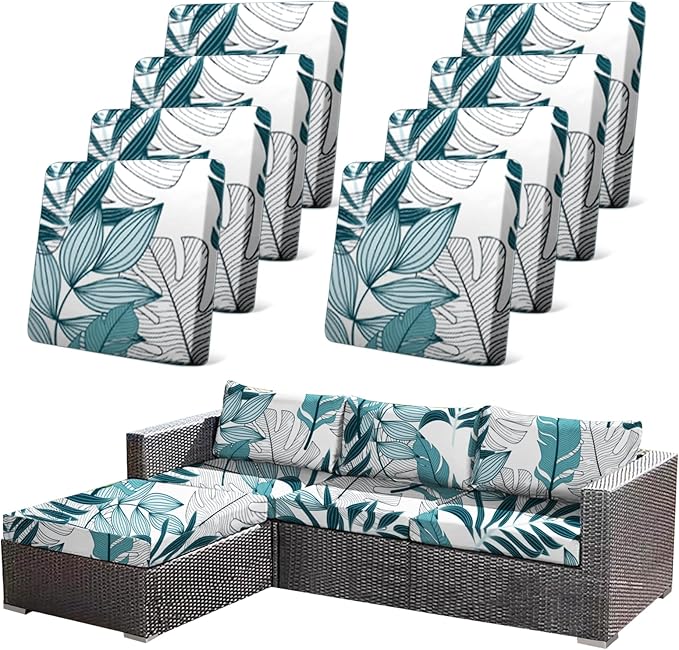 CALBODE 8Pcs Stretch Patio Cushion Cover Outdoor Cushion Cover Replacement Slipcovers Indoor and Outdoor Chair seat Covers Blue Botanical Print Patio Furniture Protector(Cover Only)