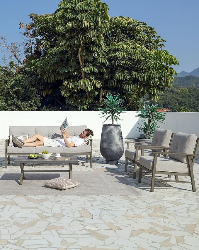 Aluminum Patio Sofa Set, 4 Piece Outdoor Patio Furniture Set with Thick Cushions, All Weather Outdoor Sectional Sofa Couch Sets for Deck, Lawn, Poolside, Backyard, Limed Oak