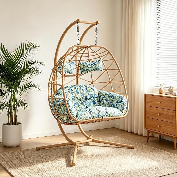 Double Egg-Shaped Hammock Chair, Swing Egg Chair, Wicker Hanging Chair with Removable Washable Cushion