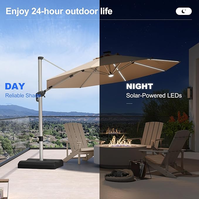 PURPLE LEAF 11ft Patio Umbrella with Lights Outdoor Round Cantilever Solar Powered LED Umbrella with 360-degree Rotation for Garden Deck Pool Patio, Beige