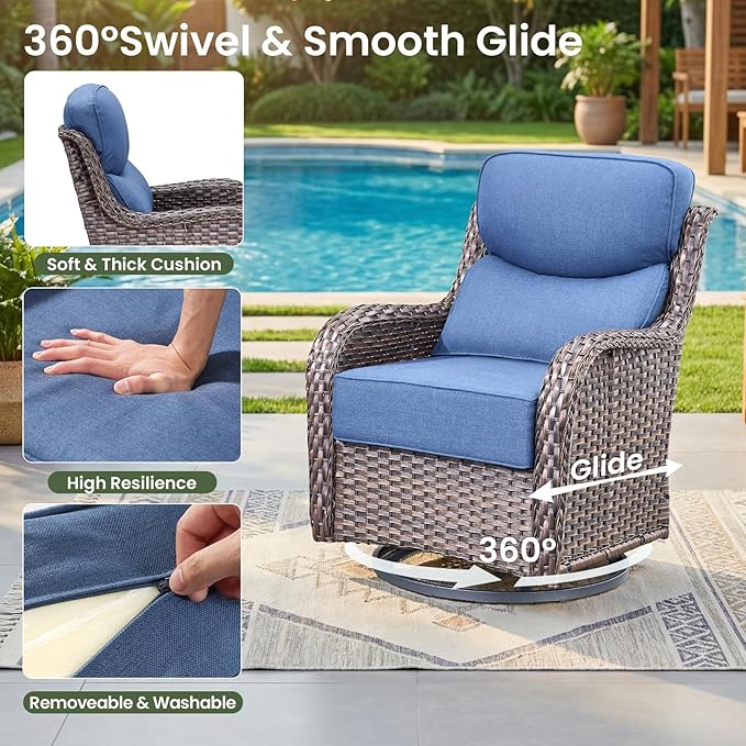 Luxury Patio Furniture Set with 6-inch Thick Cushion, Outdoor Furniture with Fire Pit Table, Swivel Chairs, Side Table, Sofa, 5pcs Wicker Conversation Set for Deck Yard and Poolside(Blue)