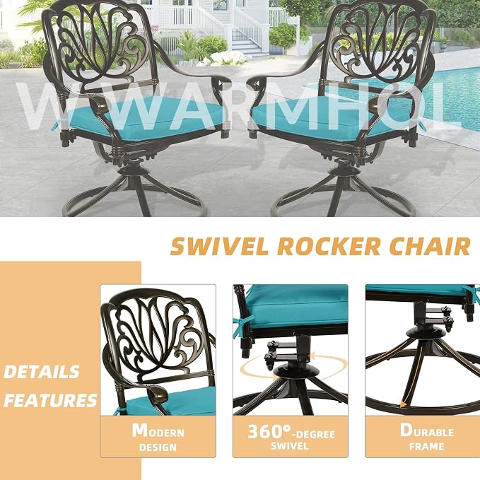 9-Piece Patio Dining Set, Outdoor Patio Table and Chair Set of 84” Oval Cast Aluminum Dining Table with Umbrella Hole, 8 Patio Dining Swivel Chairs Padded, Patio Funiture Set, Blue