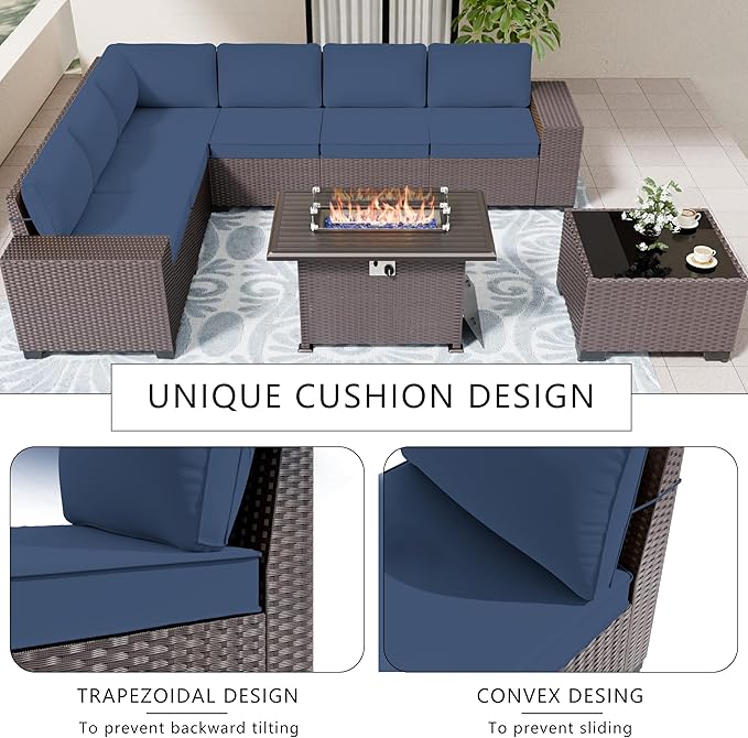 Patio Furniture Set Sofa 7-pcs Wicker Sectional Sofa Set with 55,000 BTU Gas Fireplace Table,Outdoor Furniture Rattan Sets with Tempered Glass Coffee Table
