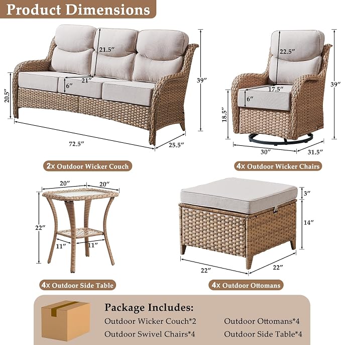 Luxury High Back Patio Furniture Set with 6-Inch Thick Cushions, 14-Pieces Outdoor Furniture with Swivel Chairs, Wicker Conversation Set for Porch, Balcony, Deck and Yard, Yellow/Beige