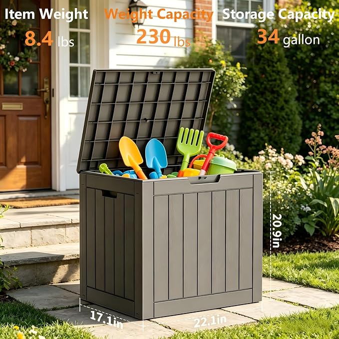 34 Gallon Outdoor Storage Box, Resin Deck Box Waterproof, Raised Bottom Outside Storage Bin with Lockable Lid for Patio Cushions & Garden Tools - Beige
