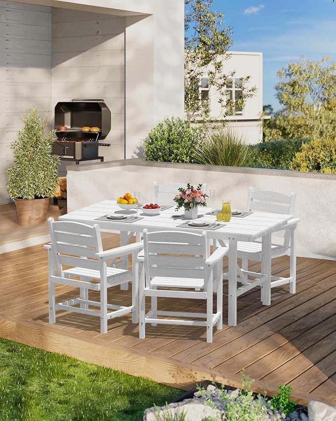 PLUUV 66" Outdoor Dining Table, All-Weather HDPE Rectangular Patio Table with 2” Umbrella Hole, Weatherproof, White