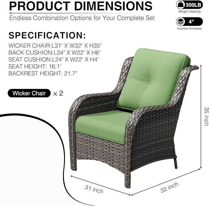 Joyside Patio Chairs Set of 2, Wicker Patio Furniture with High Back, Deep Seating, Wide Armrest, Thickened Cushions, Outdoor Rattan Furniture for Deck, Porch Use