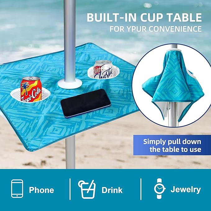 AMMSUN Beach Umbrella with Sand Anchor & Table Tray, Portable Heavy Duty 6.5ft Sun Outdoor Umbrella, UV 50+ Protection, Carry Bag for Beach, Patio, Pool and Garden, Sky Blue Paint