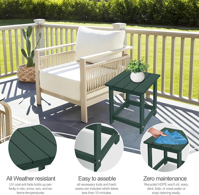LZRS Patio End Table, Heavy Duty HDPE Outdoor Coffee Table with Wood Texture, Weatherproof Composite Table for Adirondack Chairs, Deck, Pool, Indoor/Outdoor, No Peeling or Cracking(Dark Green)