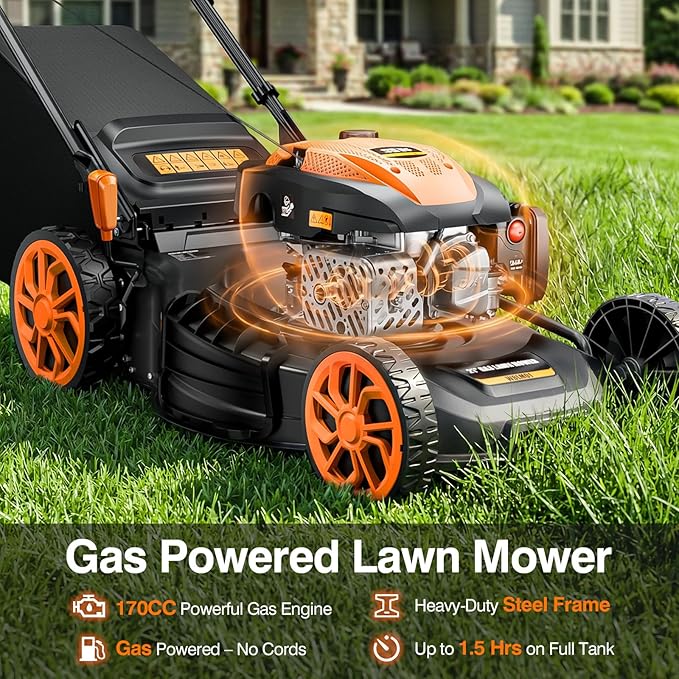 21-Inch Gas Lawn Mower Self Propelled, 170CC 4-in-1 Mulch/Rear Bag/Side Discharge/Rear Discharge, 7-Position Cutting Height, Foldable Gas Powered Lawn Mowers with Bag, Walk-Behind Gas Lawnmower
