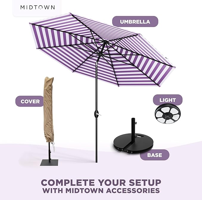 Midtown Umbrellas - 10-Year-No-Fade 9 Ft Patio Umbrella with Terylast Fabric, Auto-Tilt Aluminum Frame and 8 Reinforced Ribs for Deck, Pool, Garden & Beach - Purple Stripe Canopy, Black Pole