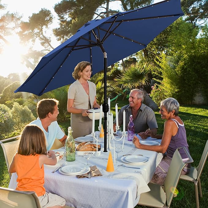 9' Round Patio Umbrella with 32 Solar Powered LED Lights, Push-Button Tilt and Hand Crank Lift, Solar Umbrella in Navy for Porch, Deck, and Patio by Sun-Ray