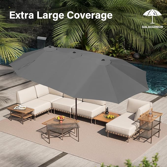 15ft Double Sided Patio Umbrella with Solar Lights, Outdoor Large Umbrellas with Crank Handle and 36 LED Lights, Rectangular Market Umbrella with Base Included for Deck Pool Shade (With Base)